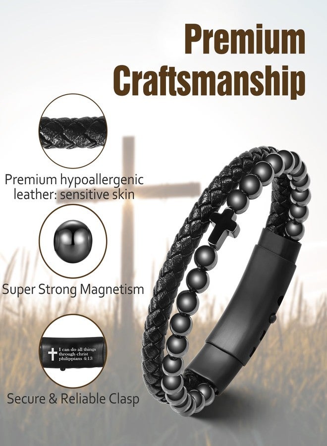 Jecanori Magnetic Cross Bracelet for Men, Black Braided Leather Bracelet With Black Obsidian,Christian Gifts for Men - Image 4